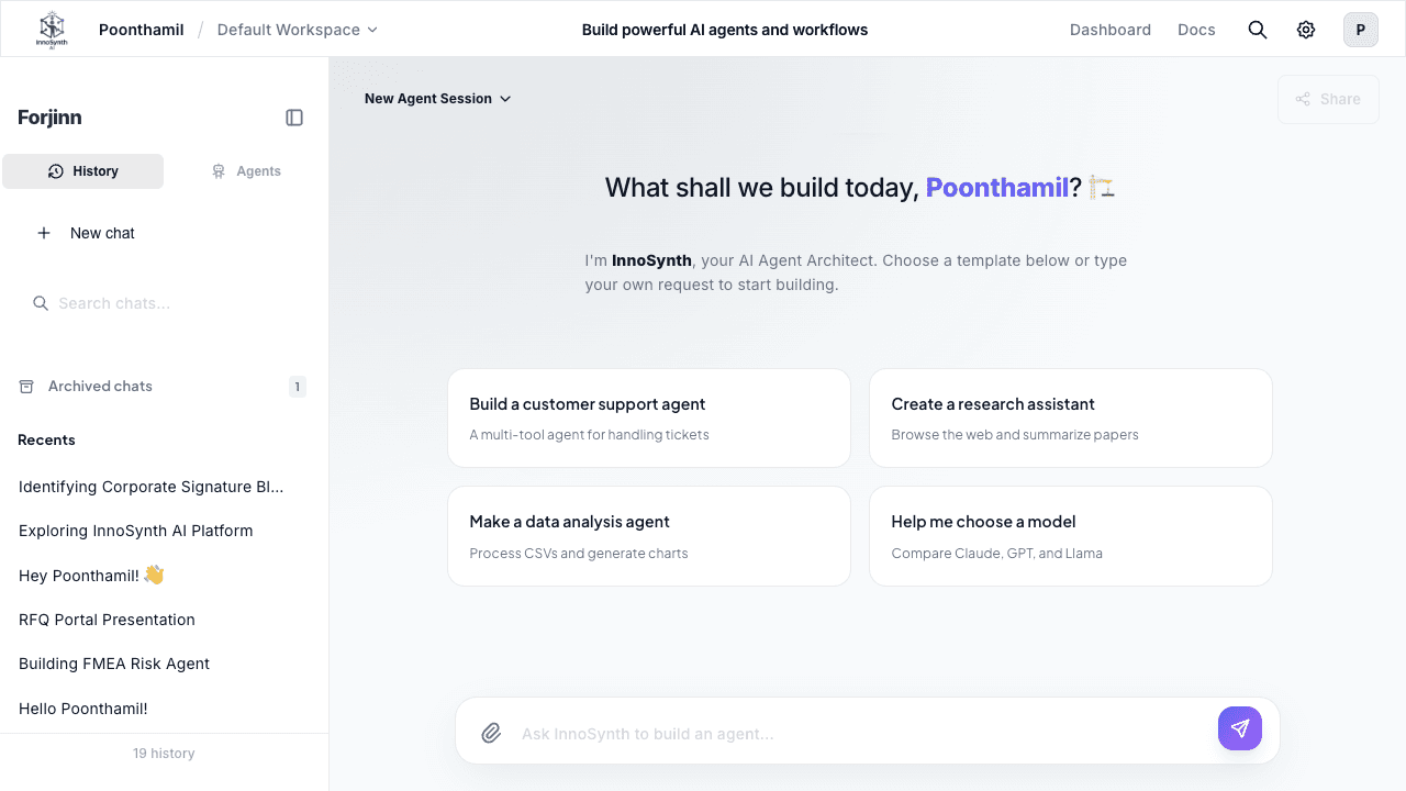 InnoSynth Chat Builder home screen with AI agent architect greeting