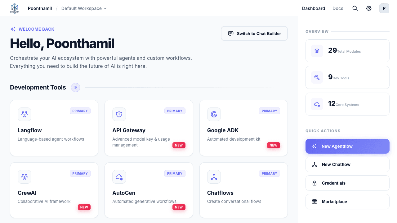 Forjinn tile-based dashboard with categorized modules and right sidebar