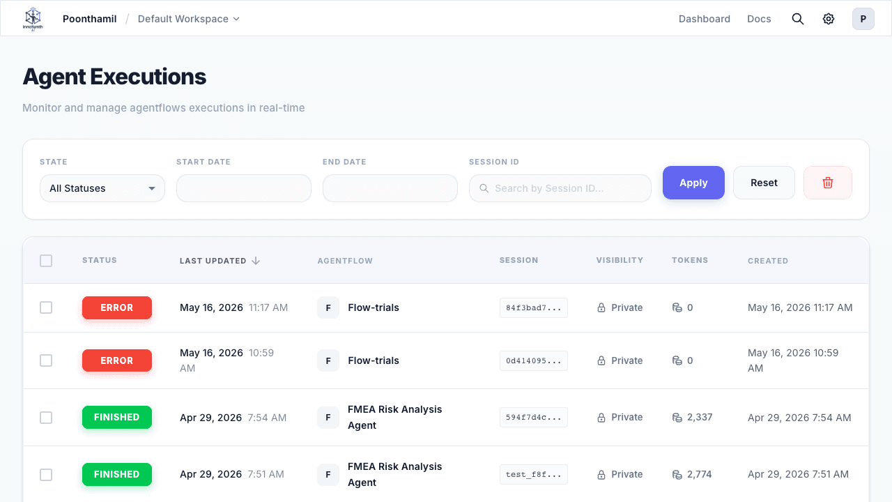 Forjinn executions dashboard showing run history, step-by-step traces, and performance metrics