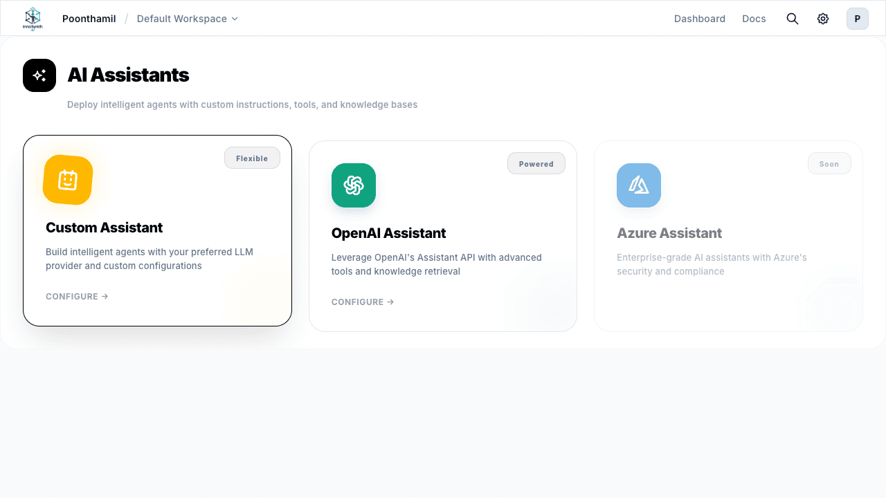Forjinn Assistants page showing Custom and OpenAI assistant configurations