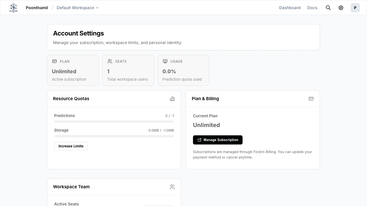 Forjinn account settings page with profile editing, workspace selection, notifications, and billing access
