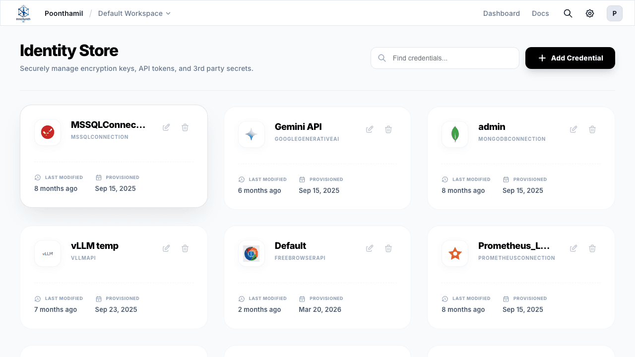 Forjinn credentials management interface for API keys and external service connections