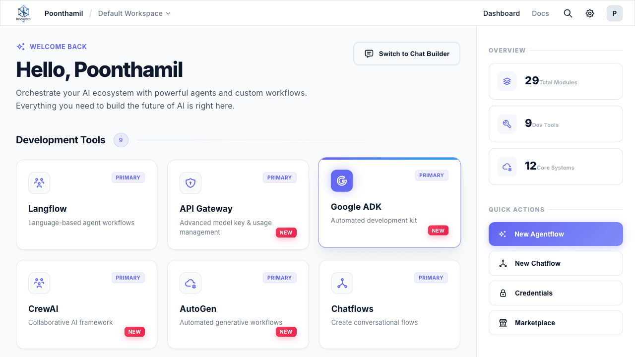 Forjinn Chat Builder home screen with Dashboard and Docs tabs