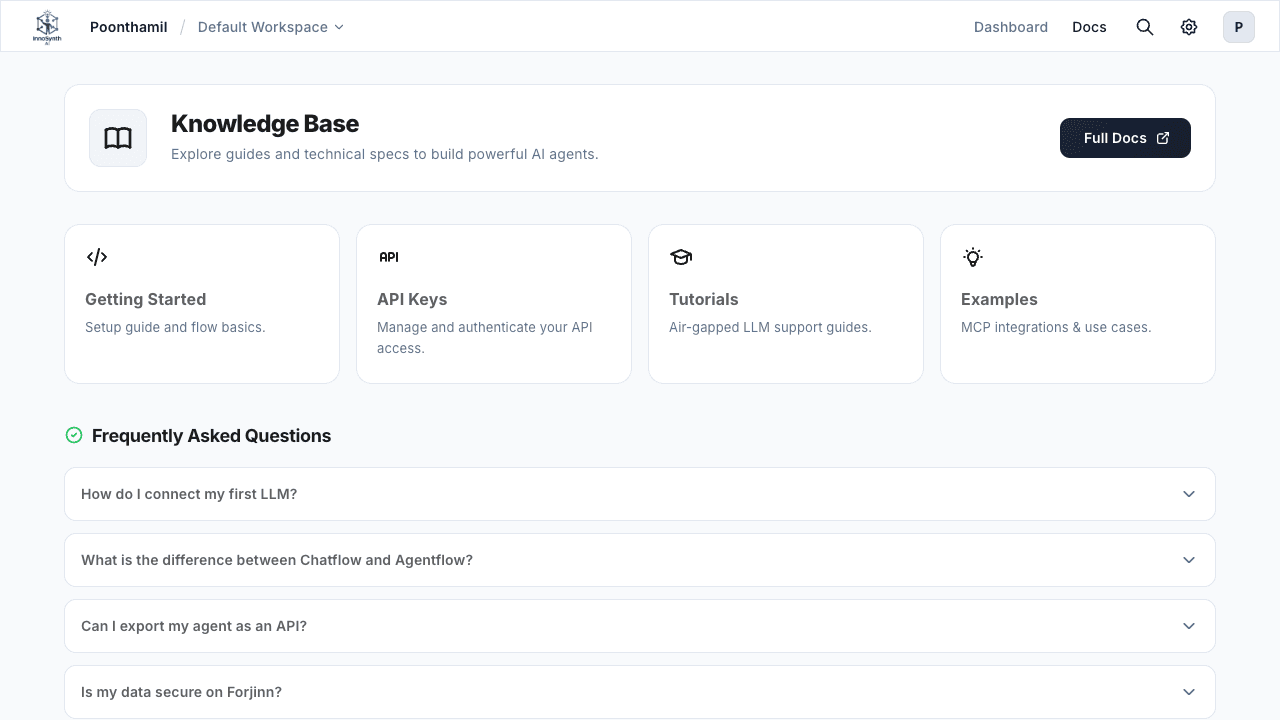 Docs tab view showing integrated platform documentation