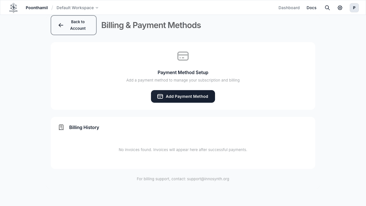 Forjinn billing page showing subscription plan, usage, and payment details