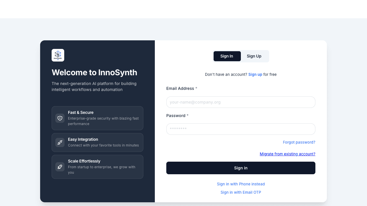 InnoSynth-Forjinn login page with feature cards and sign in form