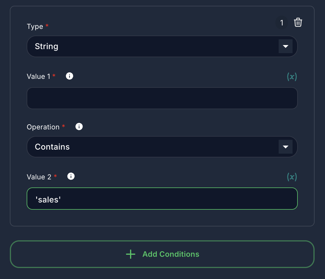 Forjinn condition node example showing boolean evaluation setup