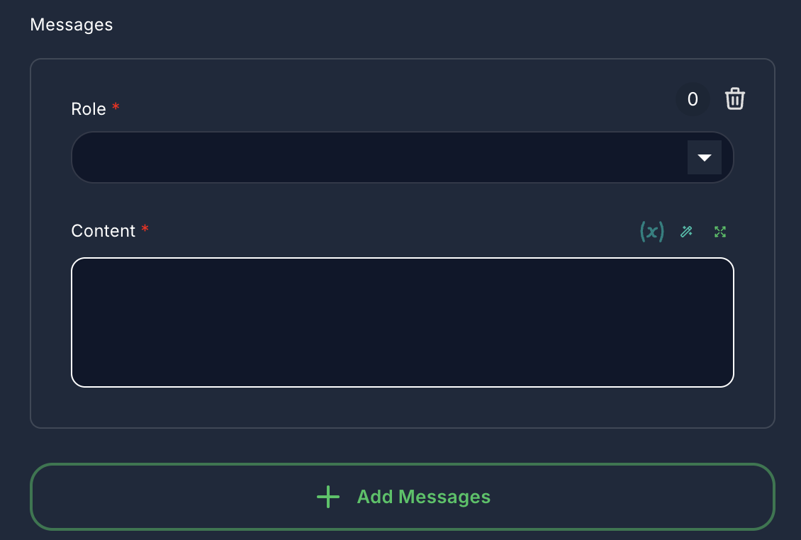 Forjinn agent message configuration panel for system and user prompts