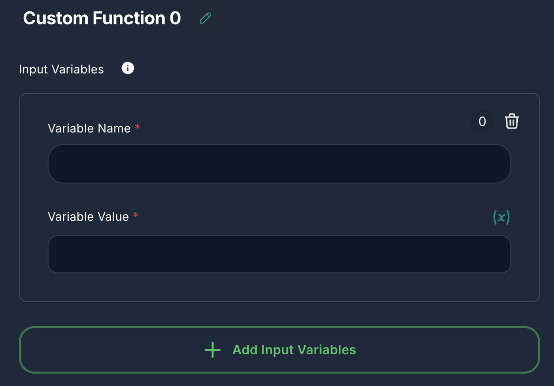 Forjinn custom function input variables configuration panel
