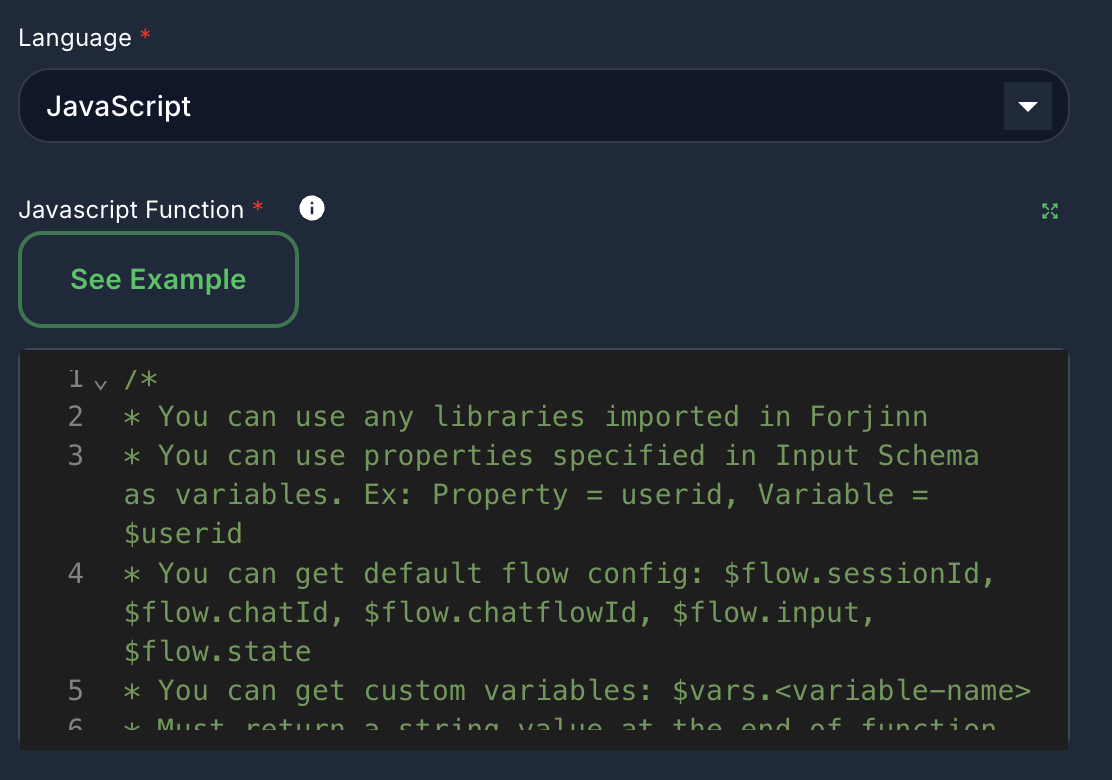 Forjinn custom function JavaScript code editor with syntax highlighting