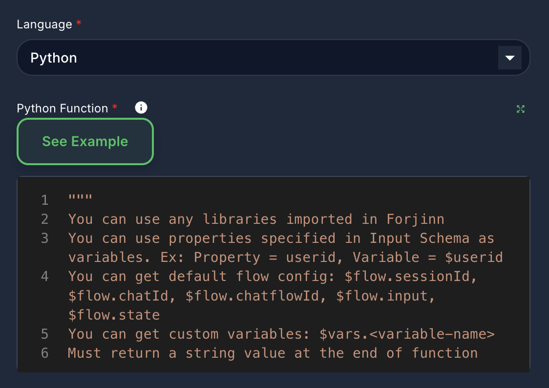 Forjinn custom function Python code editor with execution environment