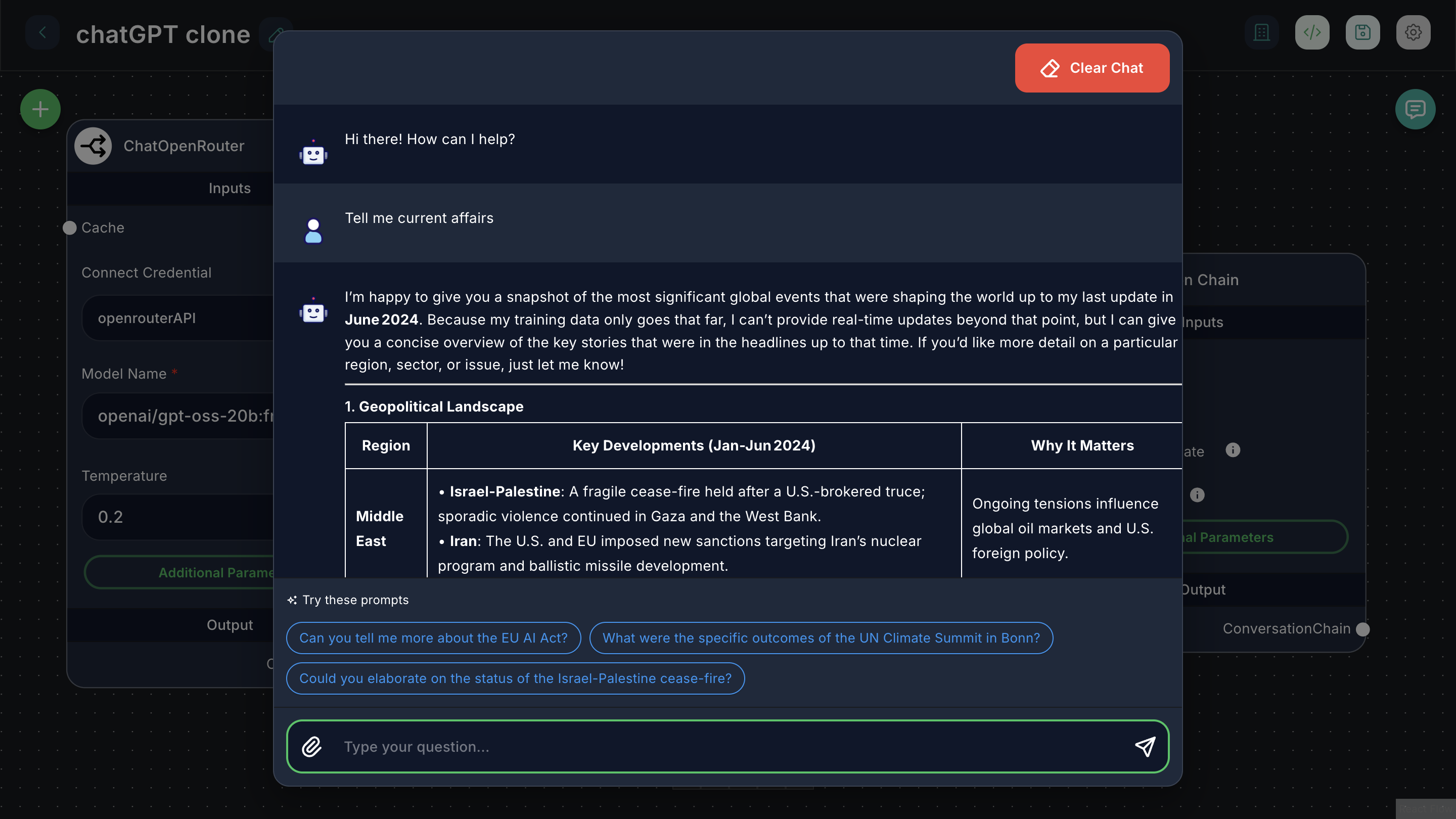 Forjinn chatflow testing interface with live chat preview and debugging tools