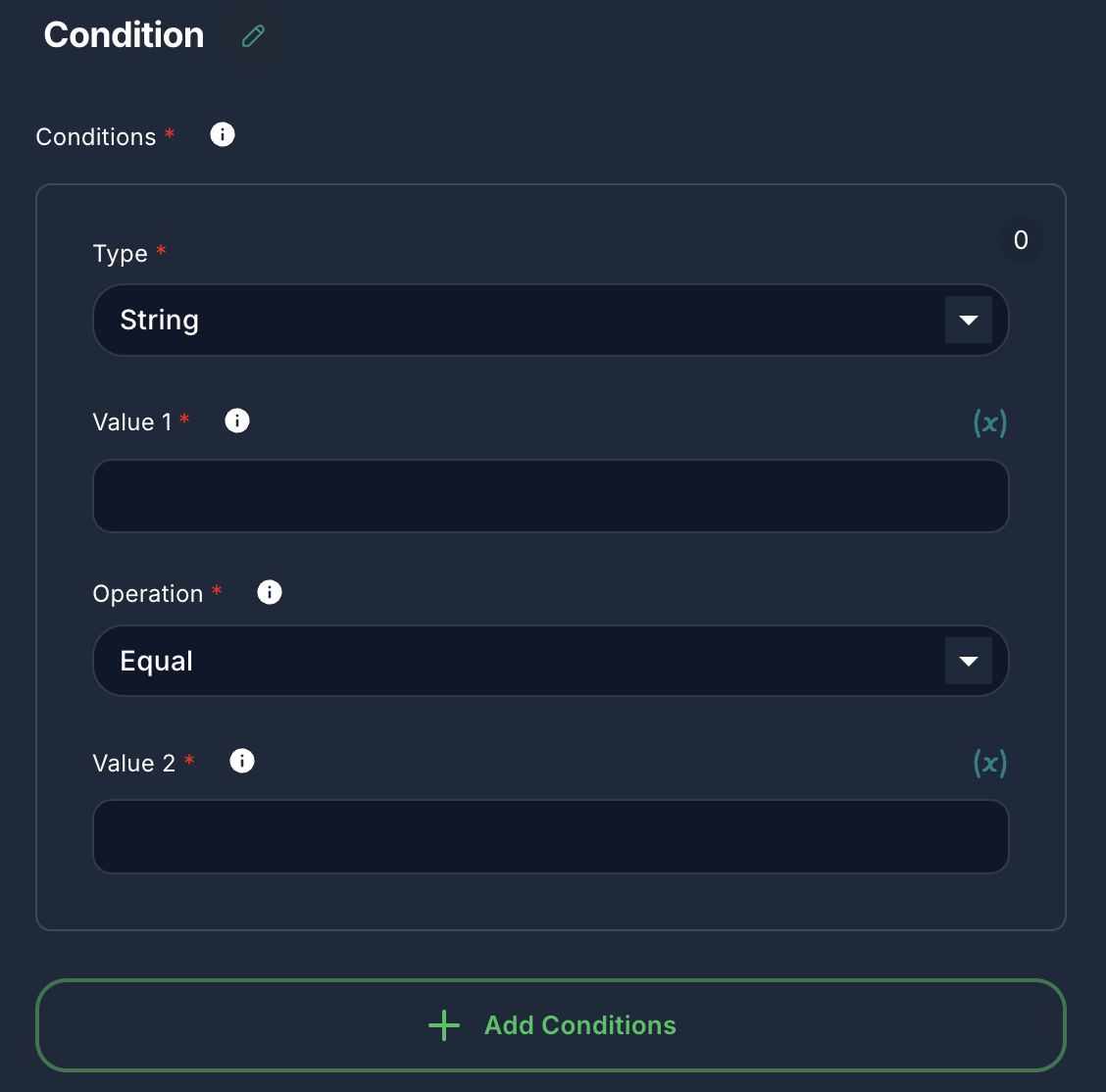 Forjinn conditions setup panel showing logical operators and comparison rules