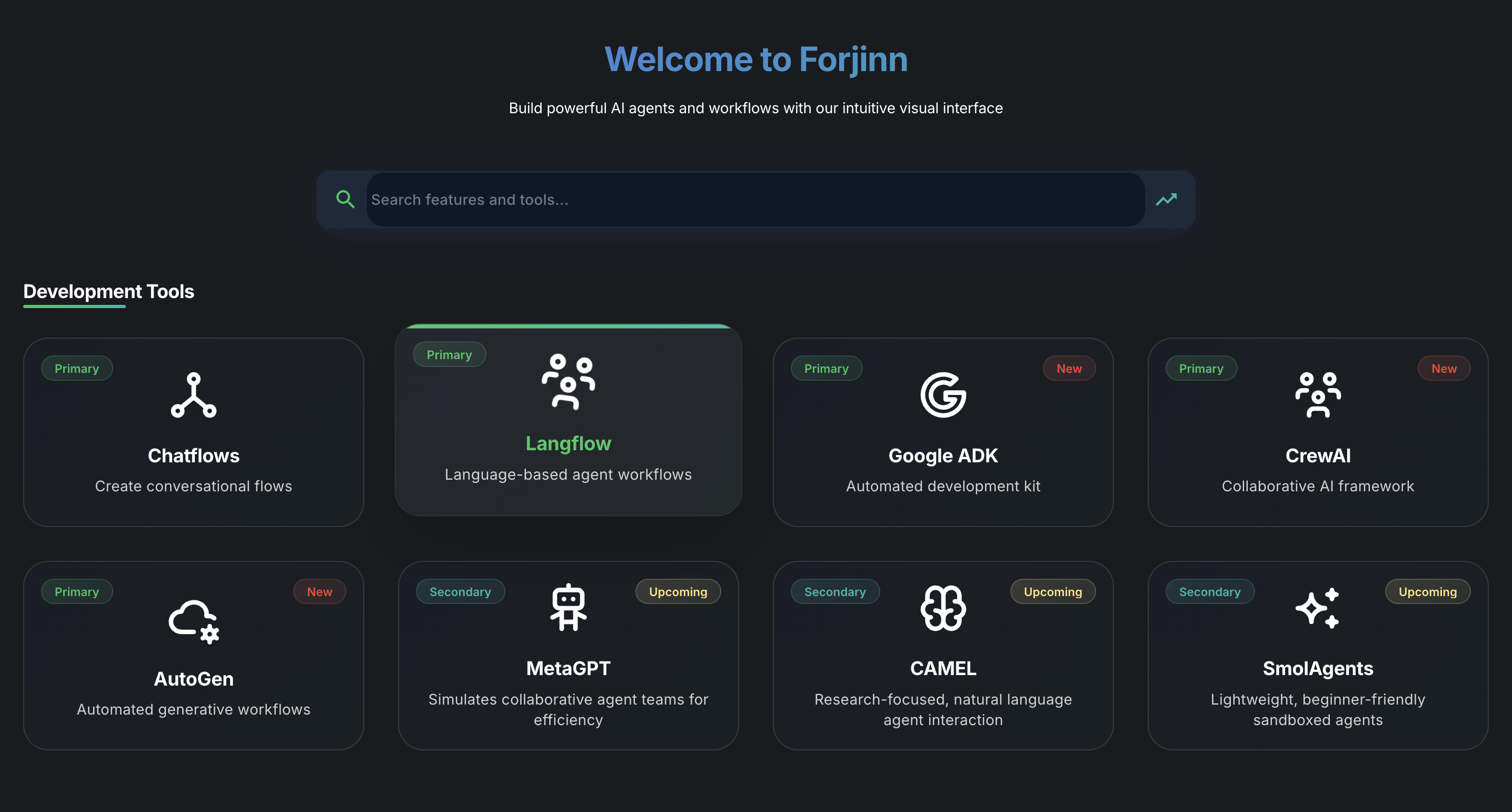 Forjinn main dashboard overview displaying recent activities, deployed chatflows, and quick navigation menu