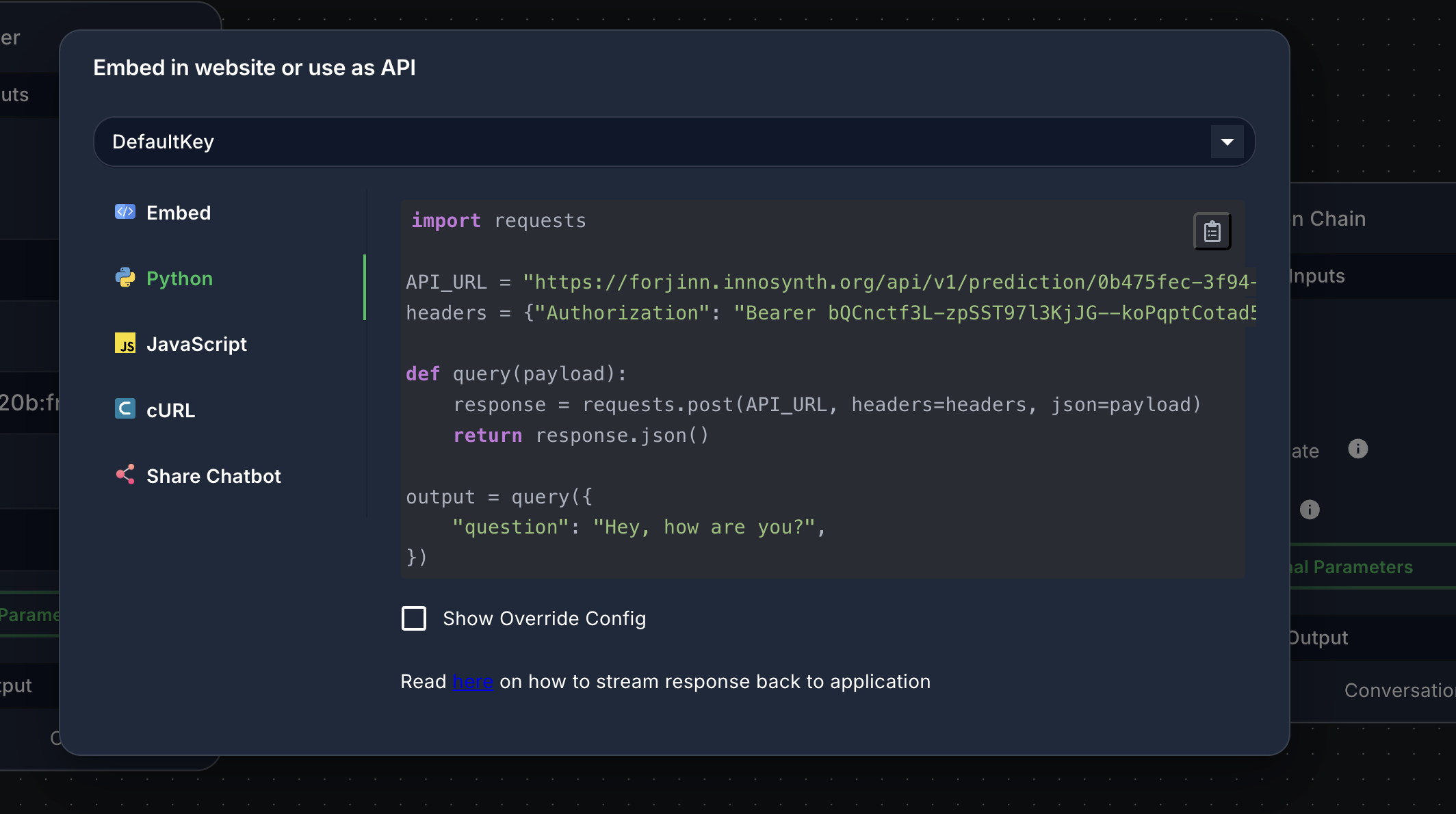 Forjinn chatflow embed code generator showing HTML iframe and JavaScript integration options