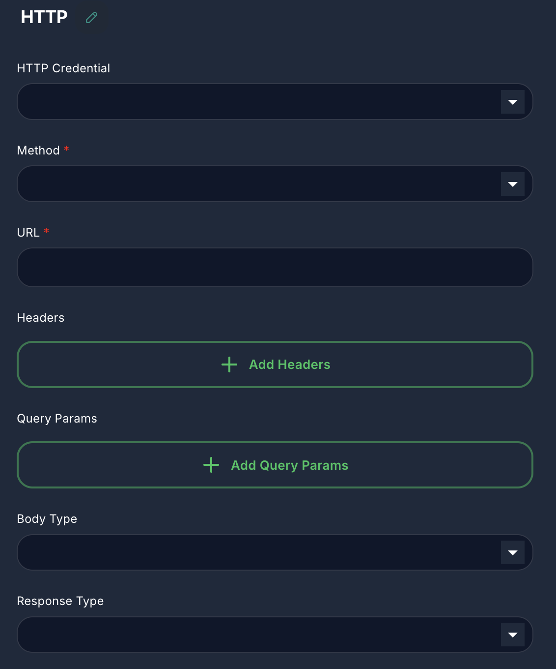 Forjinn HTTP request node configuration for API calls and webhooks