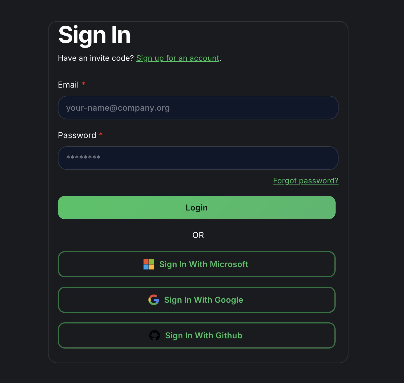 Forjinn platform login page with username and password fields for secure access