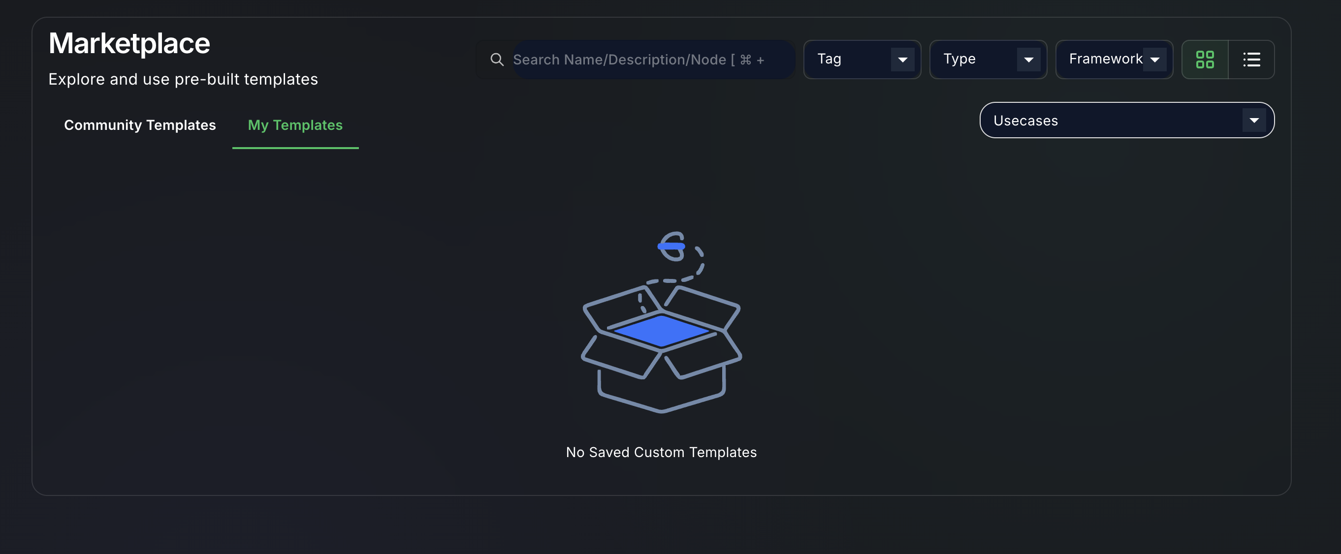 Forjinn marketplace showing community templates and pre-built chatflow solutions
