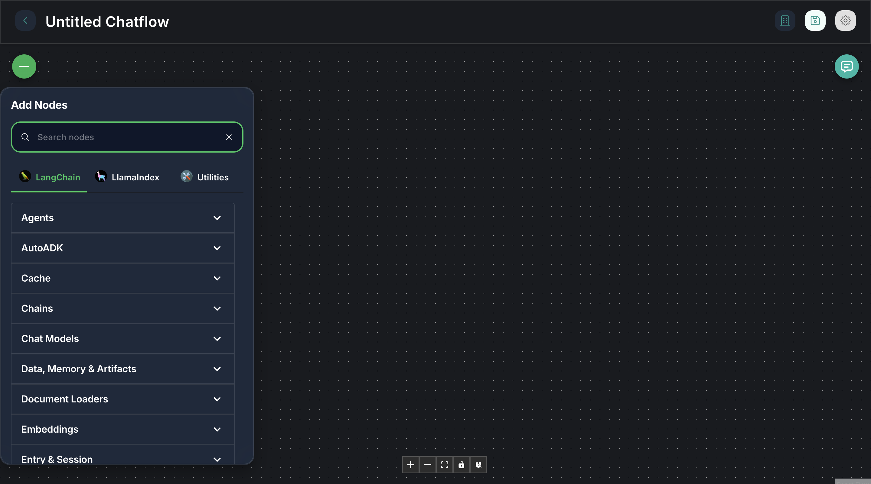 Forjinn available nodes panel showing LLM, tools, and integration components